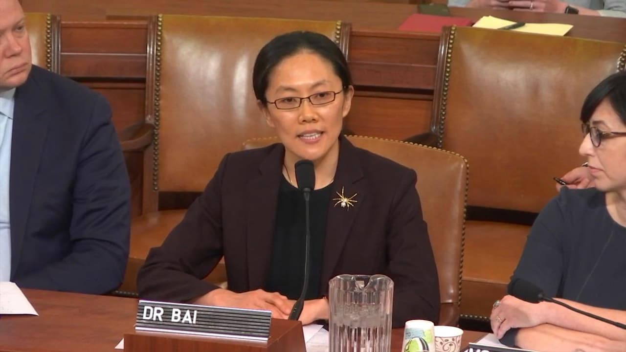 Ge Bai (Ph.D. Accounting and Information Systems ’12) dressed in a suit, seated and speaking into a microphone at a Congressional hearing.