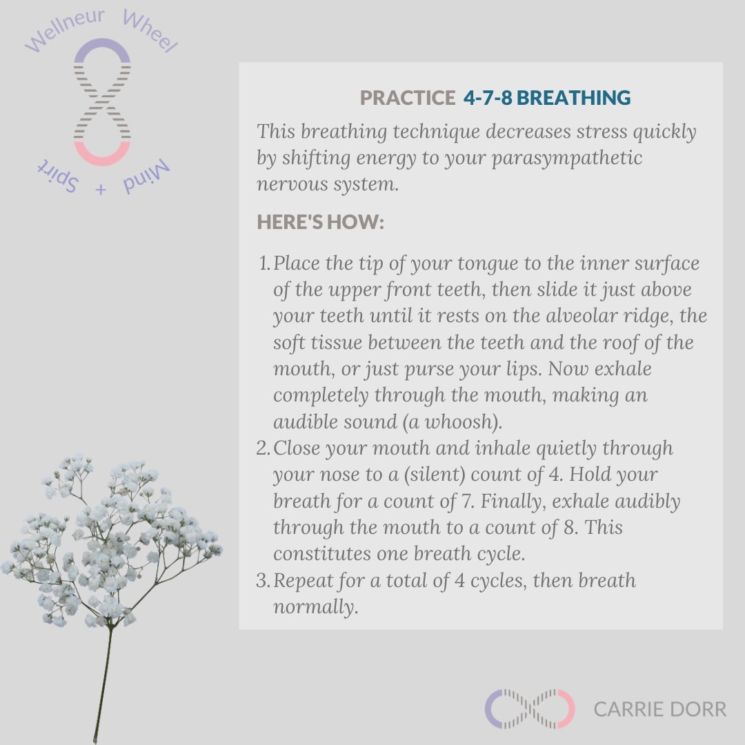 A graphic providing step-by-step instructions for the 4-7-8 breathing technique, created by Broad alumna Carrie Dorr.