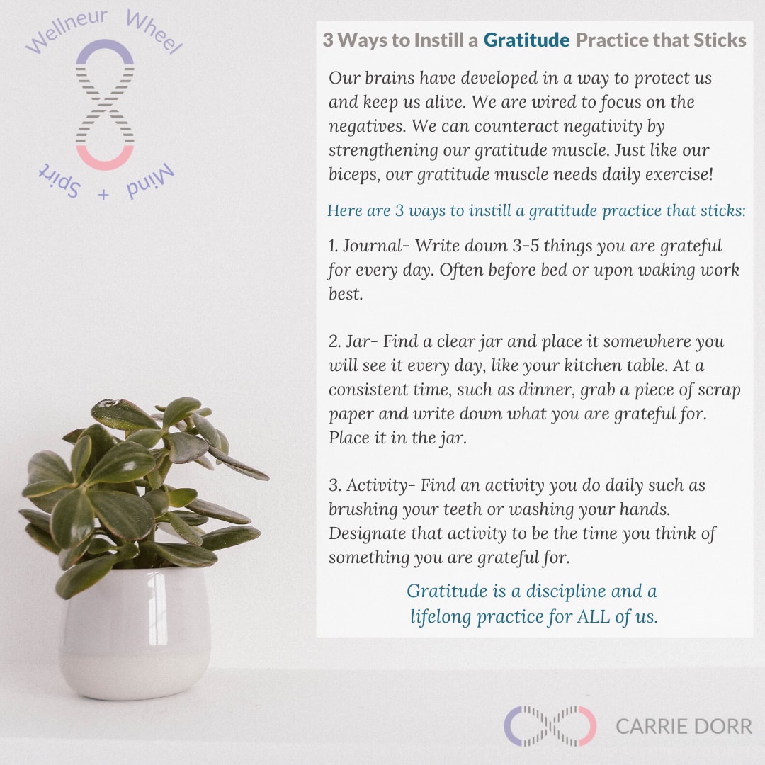 A graphic explaining three ways to instill a gratitude practice that sticks, created by Broad alumna Carrie Dorr.